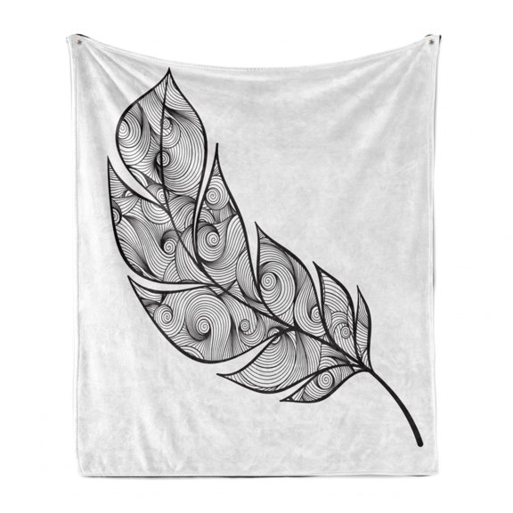 Abstract Art Soft Flannel Fleece Blanket, Artistically Drawn Ornamental Tribal Feather Image in Monotone Style, Cozy Plush for Indoor and Outdoor Use, 50" x 60", Charcoal Grey White, by Ambesonne