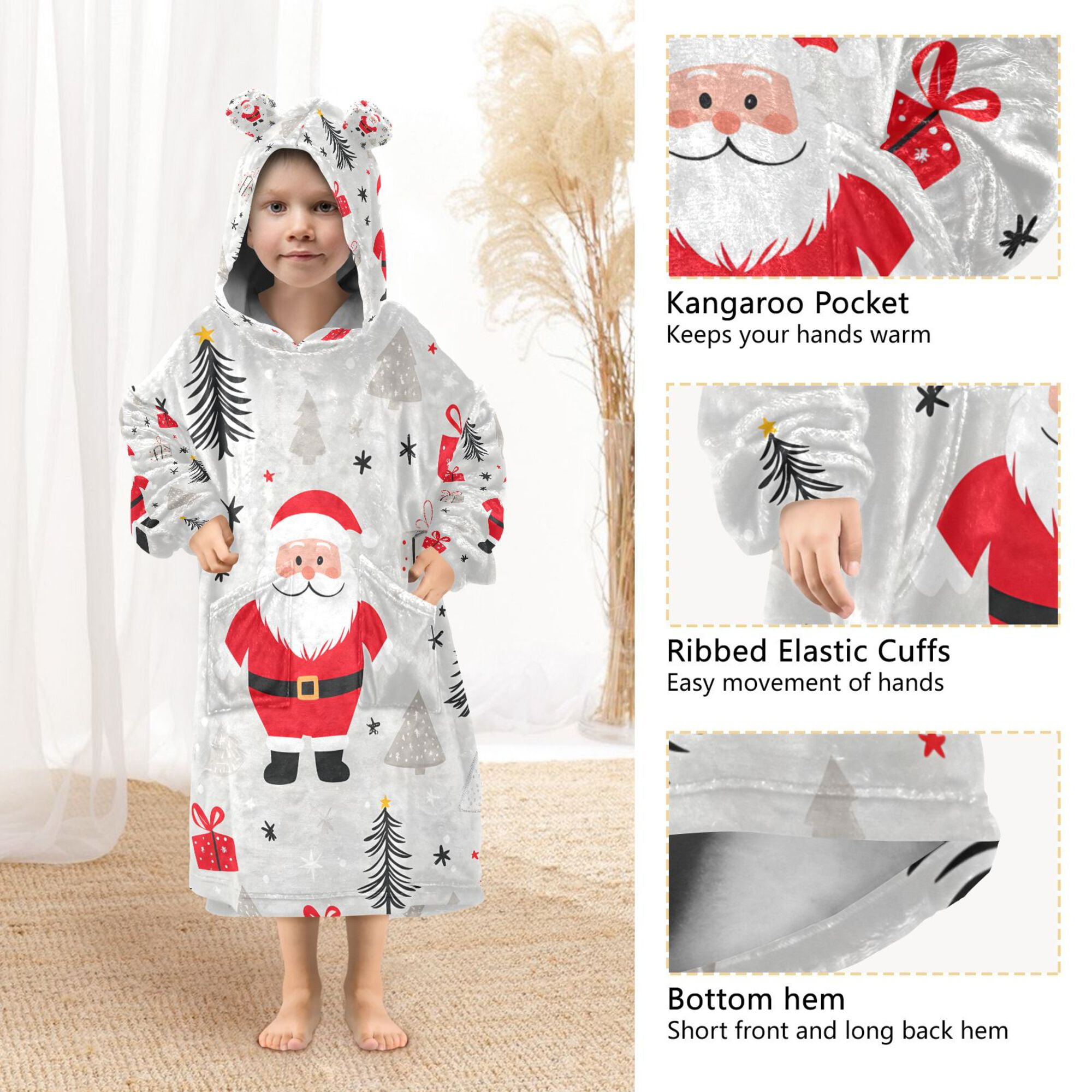 FORMRS Wearable Blanket Hoodie with Sleeves for Kids Cozy Flannel Sweatshirt, Gray Christmas Santa