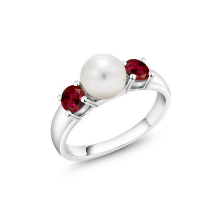 - 0.80 Ct Round Red Created Ruby 925 Sterling Silver Freshwater Pearl Ring