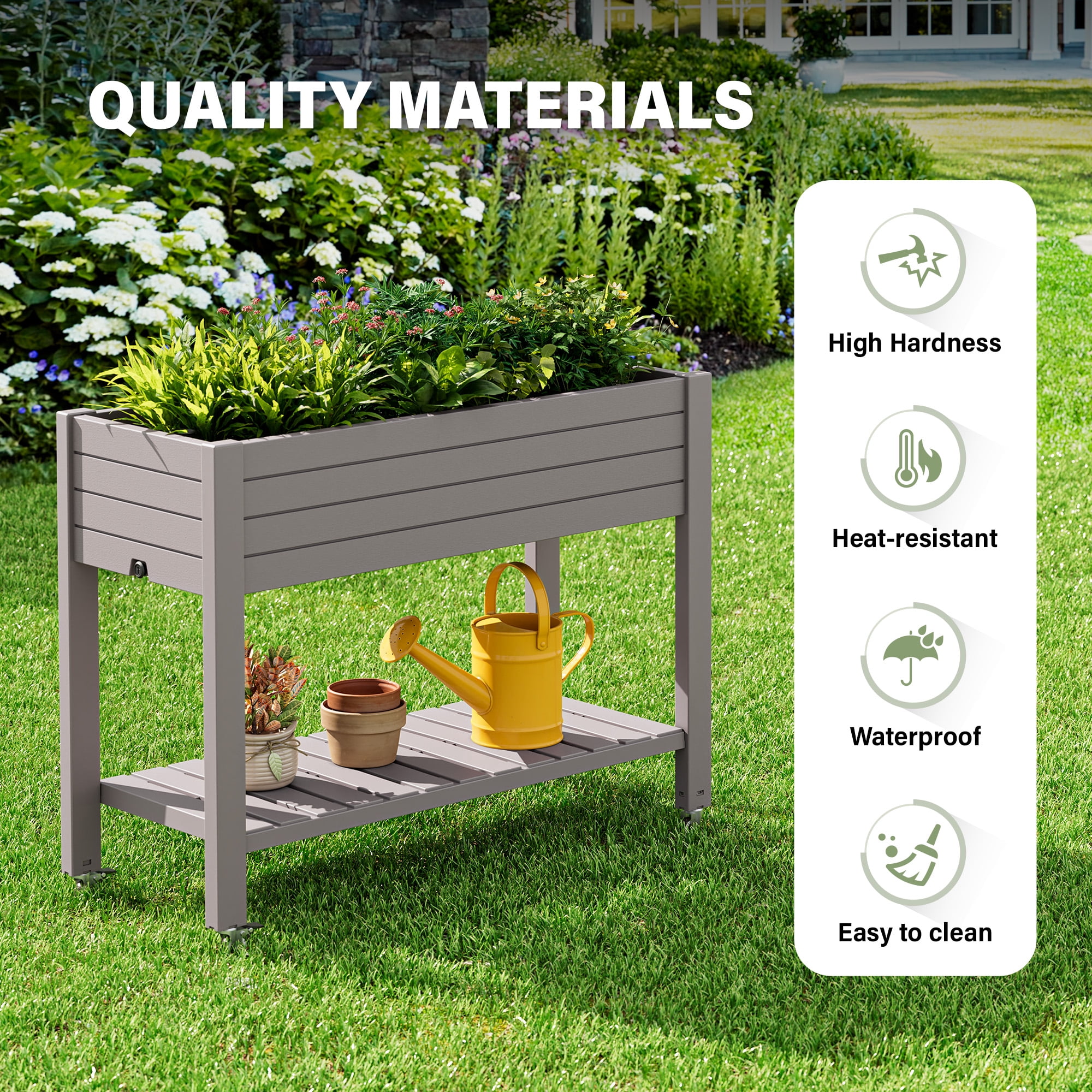 Bifanuo Raised Garden Bed with Wheels - Outdoor Elevated Planter with Weatherproof Resin, Effective Drainage for Backyard, Patio and Balcony, Gray
