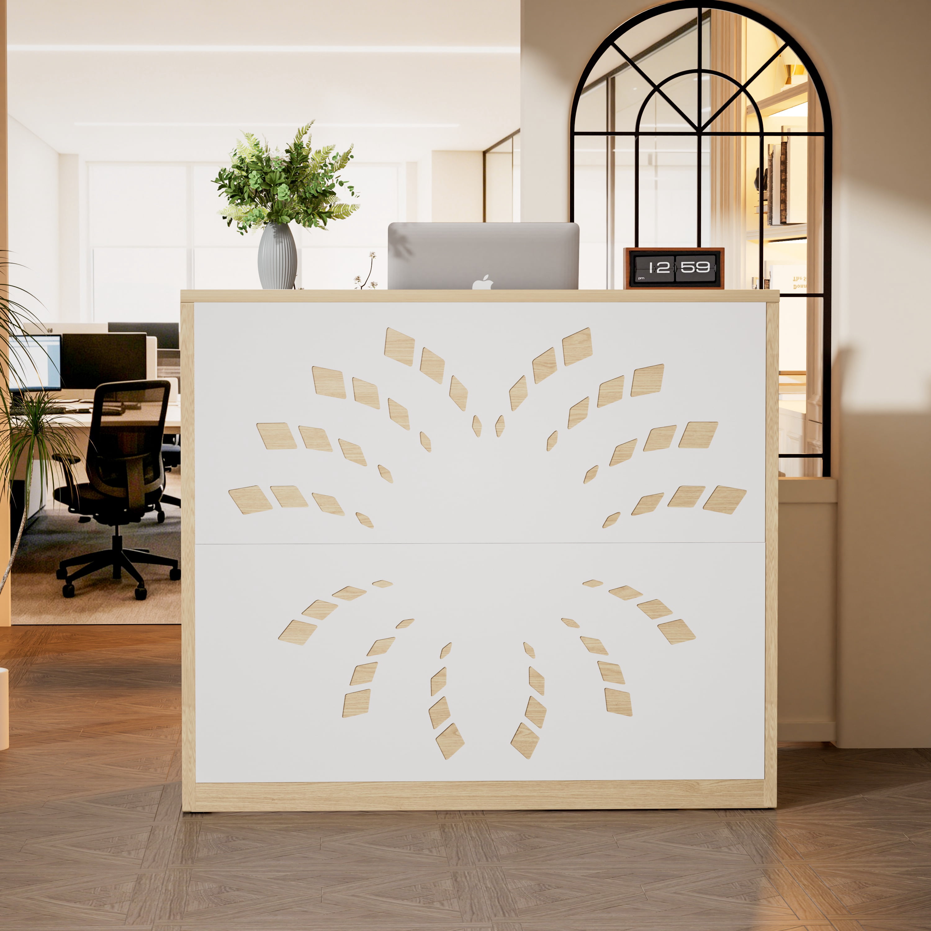 Astoutdoor 46.5 in Reception Desk with Storage Cabinet, Front Desk, Retail Checkout Counter, Natural + White