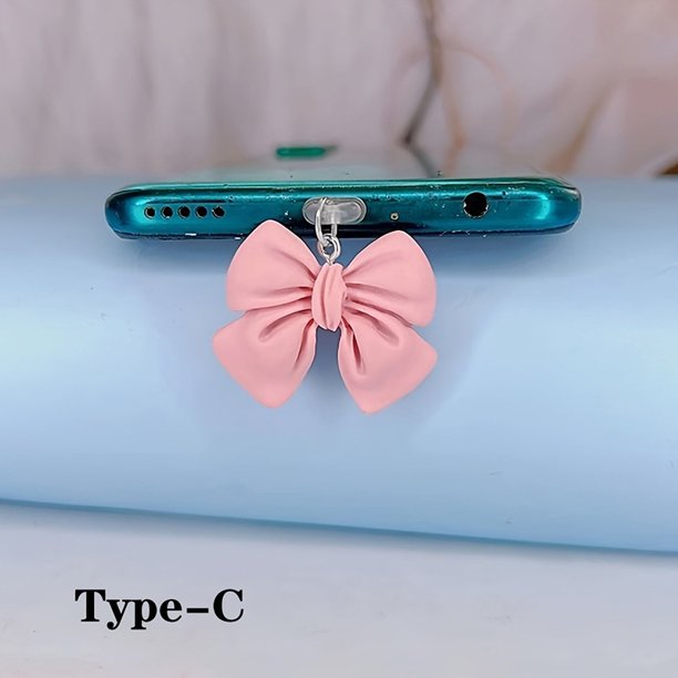 1 Uds. Lindo lazo rosa teléfono tapón antipolvo accesorios decoración colgante para iPhone para Samsung puerto de carga tipo C