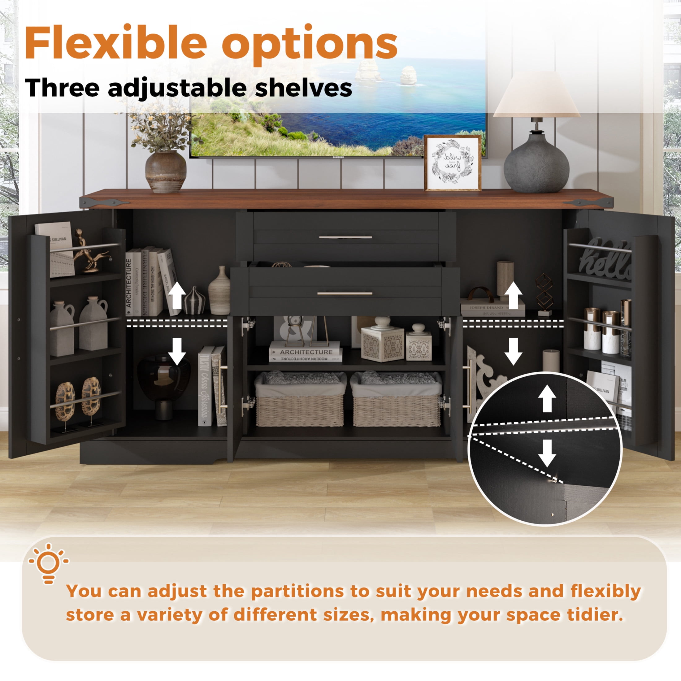 Noble House 63" Farmhouse Buffet Cabinet with 2 Drawers, Adjustable Shelves and Door Racks, Black