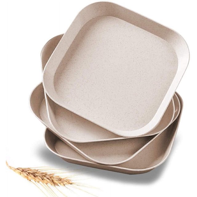 4 platos cuadrados de 15 cm de paja de trigo, irrompibles y ligeros, para aperitivo, cereales, reutilizables, para niños, niños pequeños - Beige