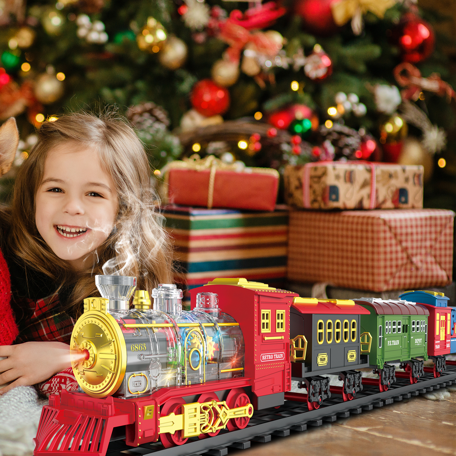BUBUQE Electric Train Set Christmas Train Toys for Boys with Smokes, Lights and Sound (on/off) Under Christmas Tree for Kids Girls