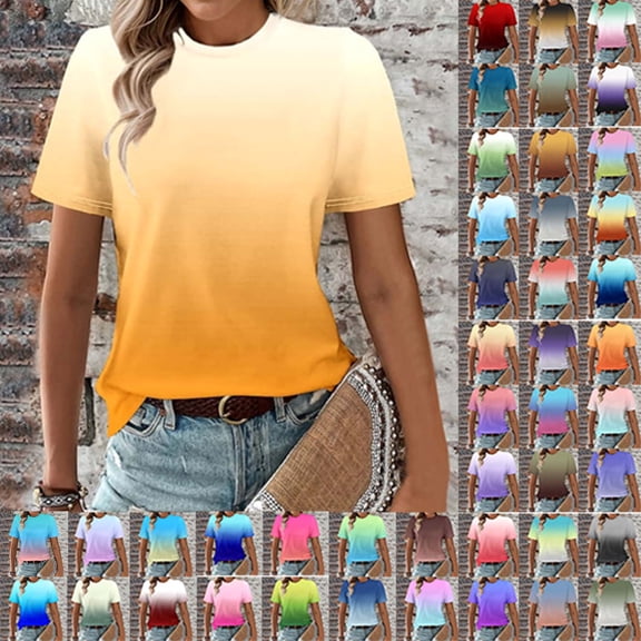 Ichuanyi Womens Summer Tops Trendy Gradient Color Print Short Sleeve Tshirts Shirts Crew Neck T Shirts Fashion