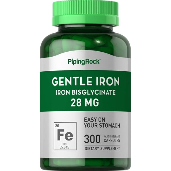 Gentle Iron 28mg | 300 Capsules | Iron Bisglycinate | Easy on Stomach | by Piping Rock