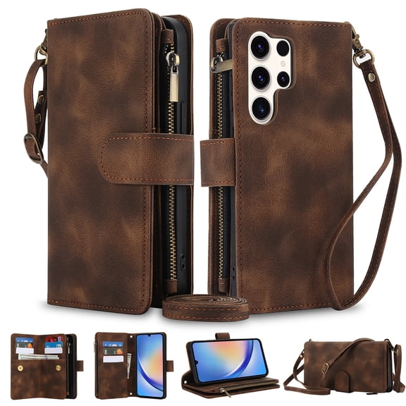 Crossbody Wallet Case for Samsung Galaxy S24 Ultra, Premium PU Leather Phone Case with RFID Blocking Card Holder Zipper, Wrist Strap & Lanyard, Stand Purse Cover for Samsung Galaxy S24 Ultra, Brown