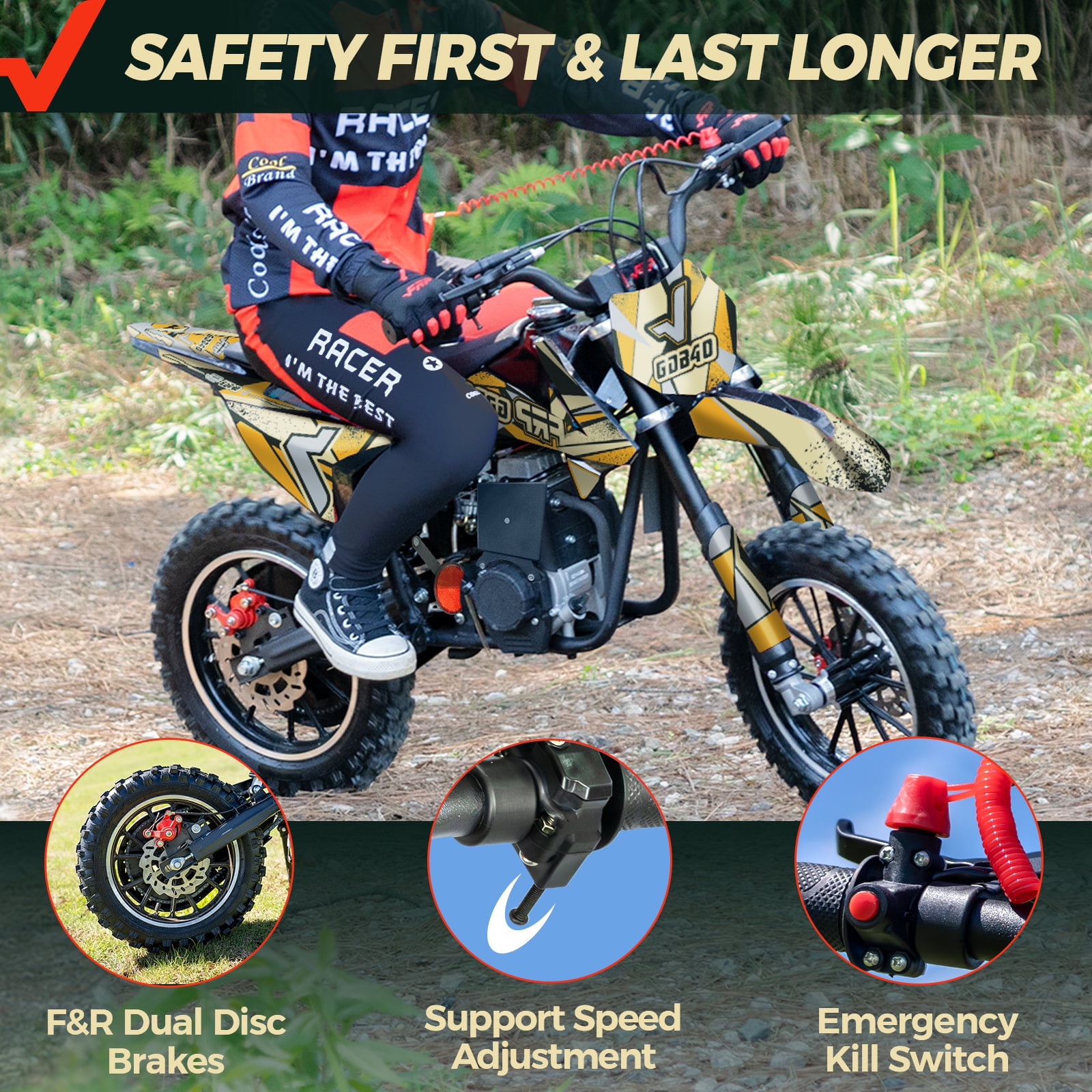 FRP FX40 40cc 4-Stroke Gas Powered Dirt Bike with Training Wheels, Safety Kill Switch, Max Speed 20 MPH, Front & Rear Disc Brakes, Stability Enhancement, EPA Certified - Yellow