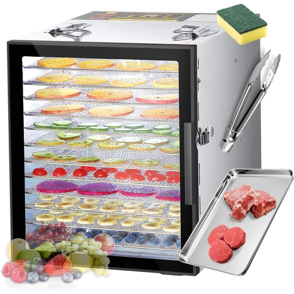 Maquina Deshidratadora de Alimentos con 12 Bandejas de Acero Inoxidable Control de Temperatura y Temporizador Ideal para Frutas Verduras Carne y Golosinas para Mascotas