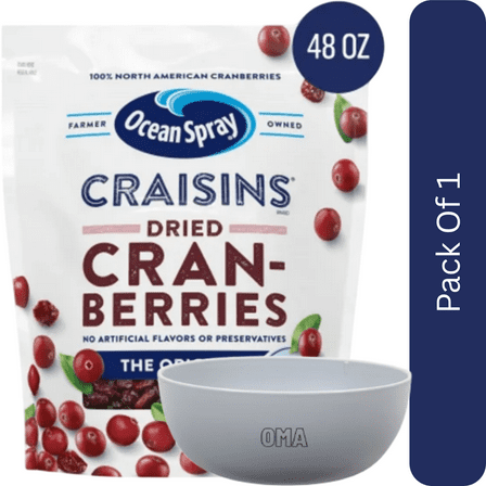 Ocean Spray Craisins Original Dried Cranberries, 48 oz,With Olive White Bowl By OMA
