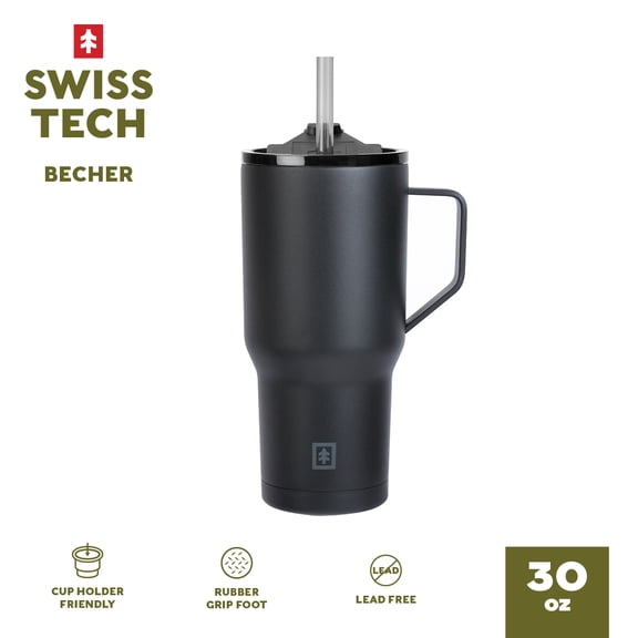 Swiss Tech Becher Black 30oz Water Bottle with Handle, Triple-Wall Copper Lined, Leak Proof