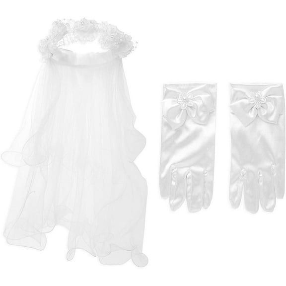Girl's Flower Headband Veil and Gloves for First Communion, White