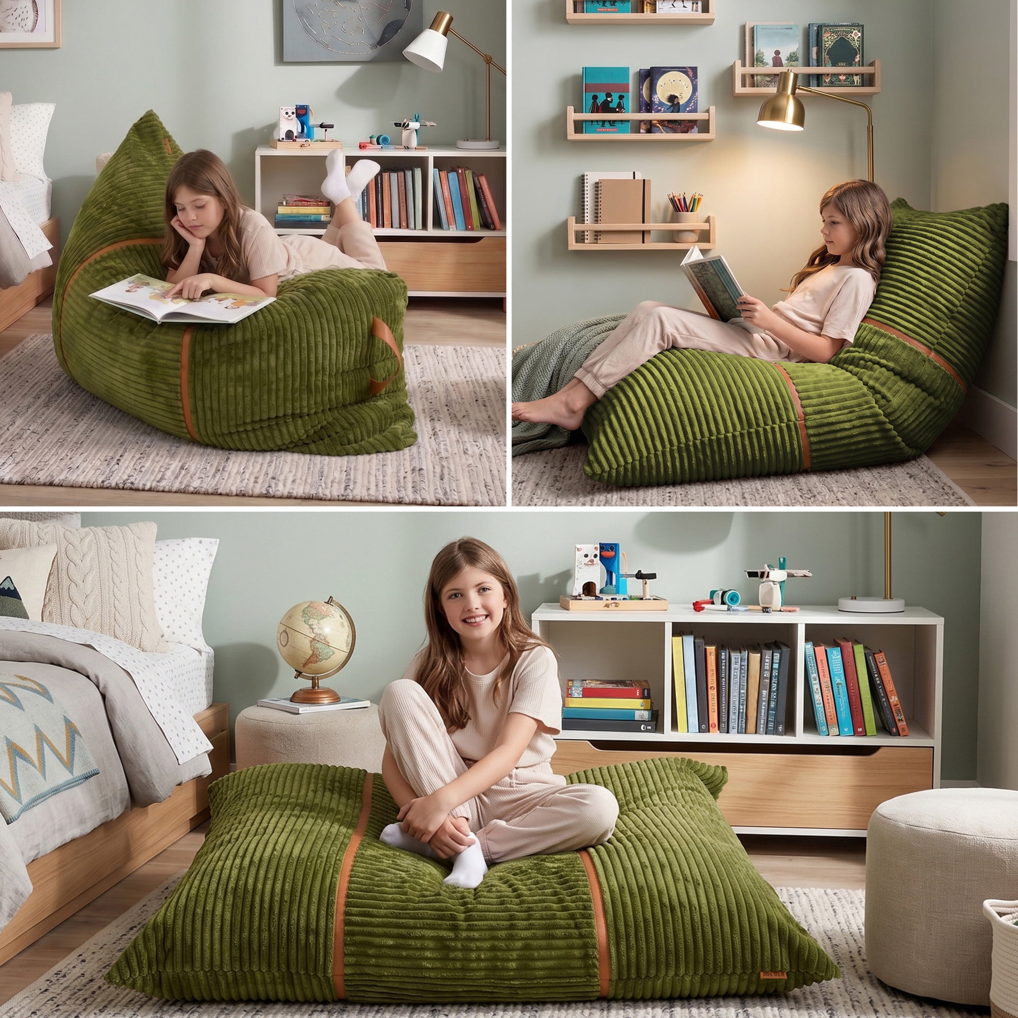 Big Joe Turnabout 3-in-1 Convertible Kids Bean Bag Chair, Moss Green