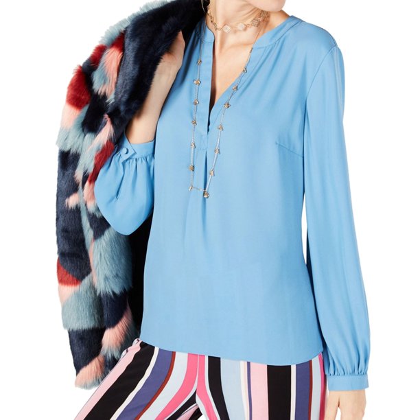 INC Blusa con cuello dividido para mujer, azul, grande