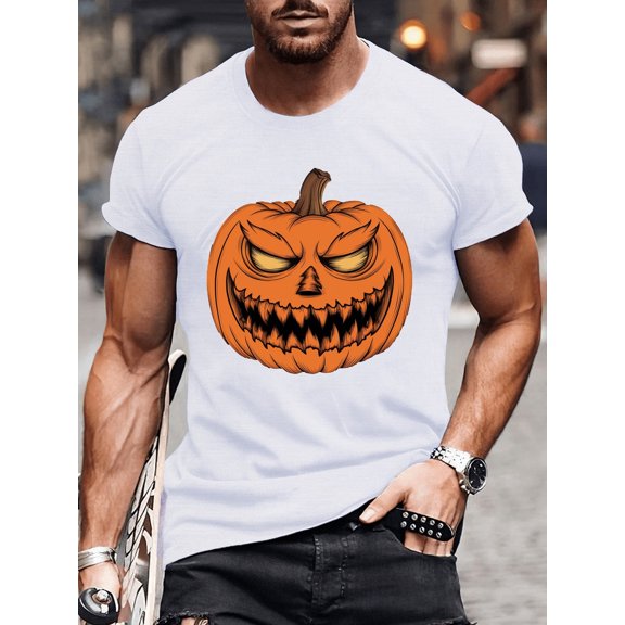 Carved Halloween Pumpkin Illustration Print Tee Shirt, Tees For Men, Casual Short Sleeve T-shirt