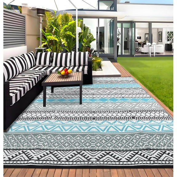 EcoSummer Waterproof Outdoor Rug 10x14, Reversible Plastic Straw Patio Camping Rug, Indoor Outdoor RV Mat Carpet for Deck, Camper, Porch, Balcony, Backyard, Picnic,Blue & Grey