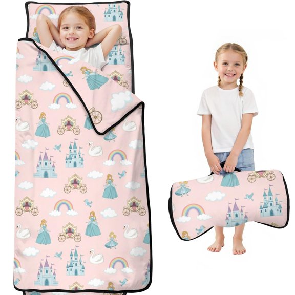 Princess and Swan Pink Pattern Teens Toddler Nap Mat with Pillow, Sleeping Mat Bag for Preschool Daycare 60"x20"