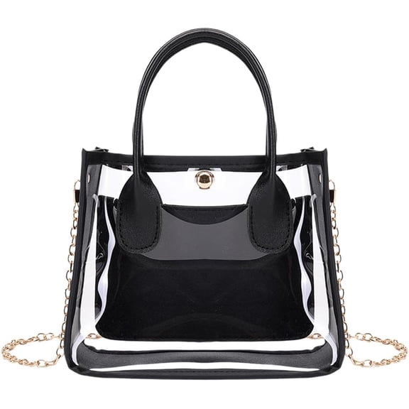 Clear Tote Shoulder Bag for Women 2 in 1 Transparent PVC Crossbody Handbag Designer Black PU Leather Fashion Purse Bag with Top Handles