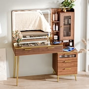 Arulvmrn Vanity Desk with 29.53 HD Lighted Mirror, 47.24 Big Modern Vanity Desk with Mirror and Lights, Makeup Vanity with 5 Drawers and Storage Shelves and Charging Station, Walnut