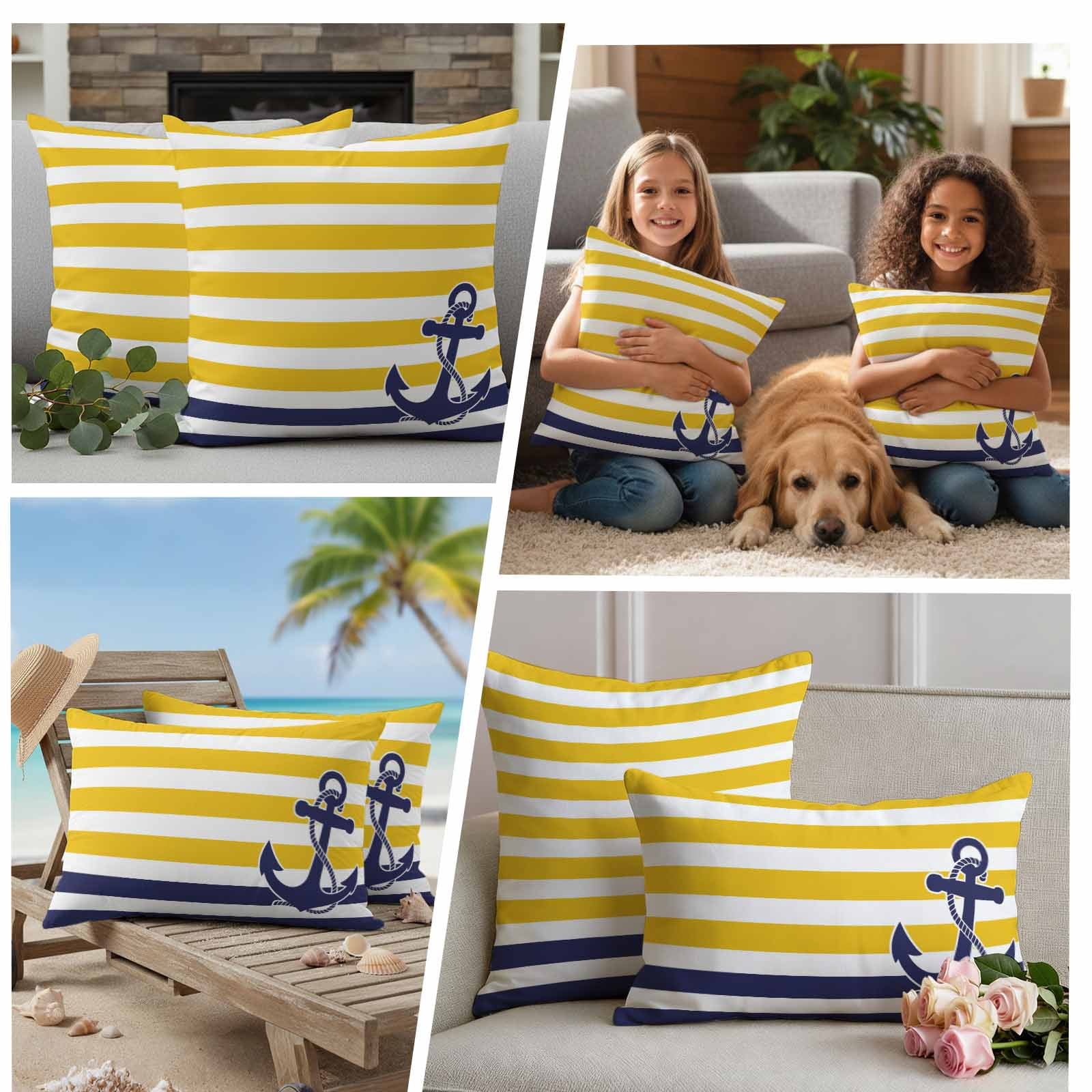 Pack of 2 Outdoor Pillow Covers 26x26 Inch Waterproof Yellow Striped Throw Pillow Covers,Decorative Couch Pillow Case Sham Navy Blue Nautical Anchor Geometric Patio Garden Pillowcases Cushion Covers