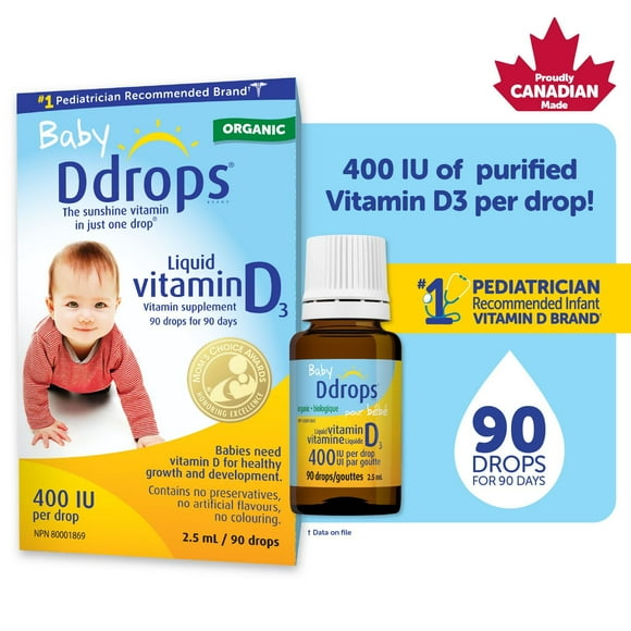 Supplément vitaminique de vitamine liquide D3 de Ddropsᴹᴰ pour bébé, 400 UI 2,5 ml, 90 gouttes