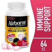 (2 pack) Airborne 1000mg Vitamin C Immune Support Chewable Tablets, Very Berry Flavor, 64 Count