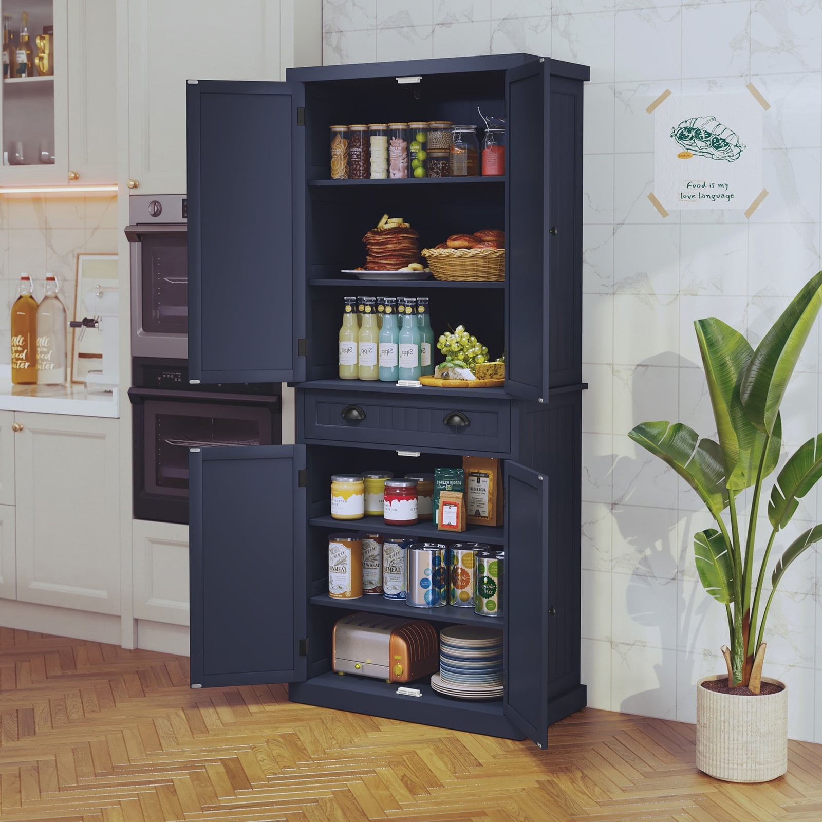 72" Tall Kitchen Pantry Cabinet with Drawer & Adjustable Shelves, Freestanding Storage Cabinet, Navy Blue