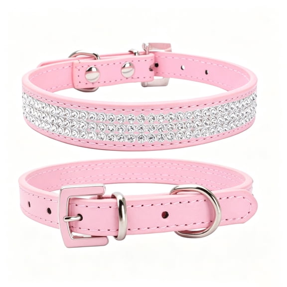 Hot Pink Rhinestone Leather Dog Collar with Metal Buckle, Bling Adjustable Neck Strap for Medium Large Dogs, Cute Girl Dog Collar Gift