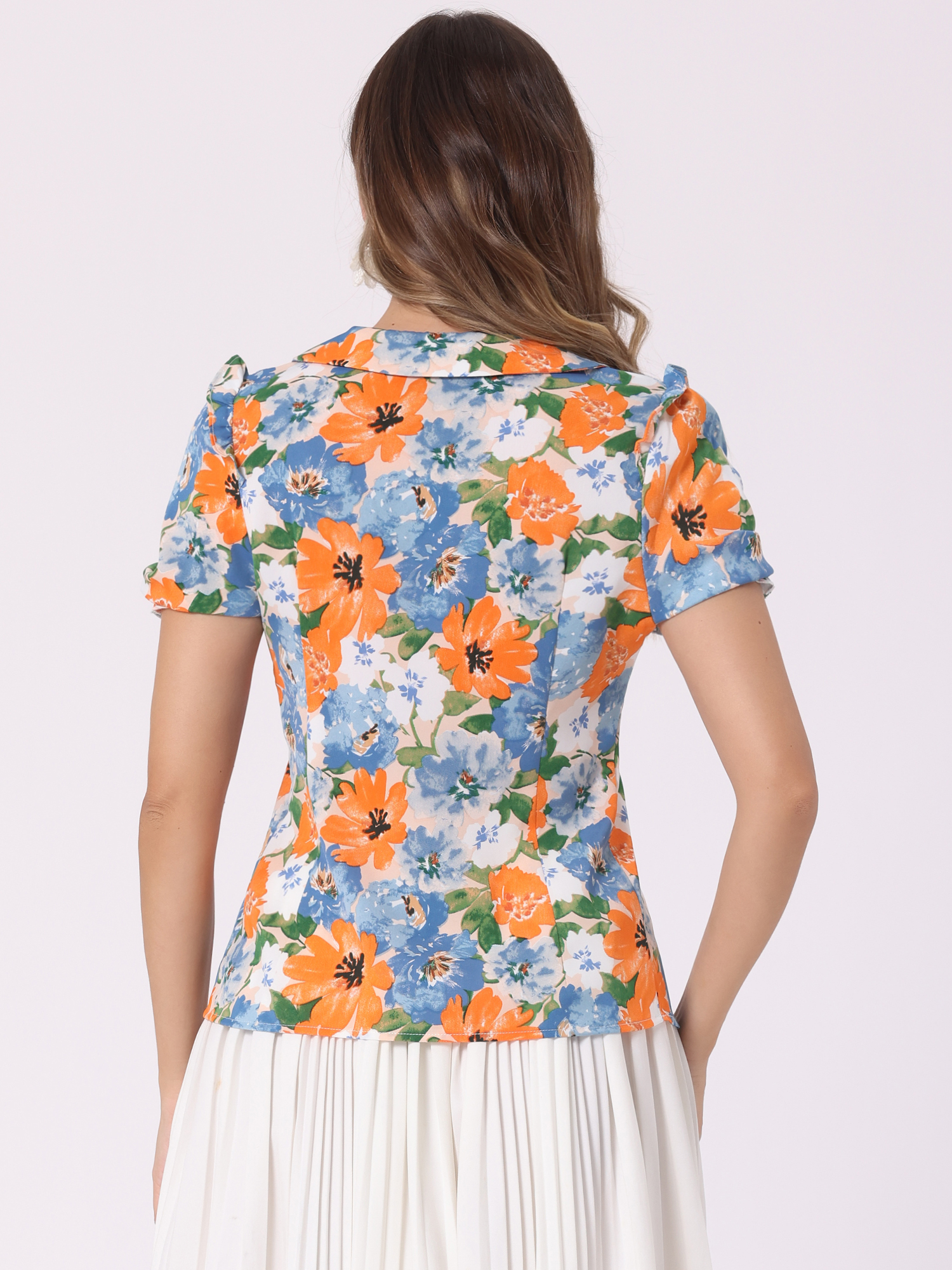 DARING DIVA Women's Puff Short Sleeve Ruffle Vintage Floral Blouses S Orange Blue