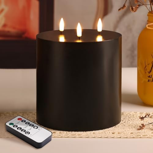 3 Wick Flameless Pillar Candle with Remote, 6x6 inch Large Black LED Candle Battery Operated Flickering
