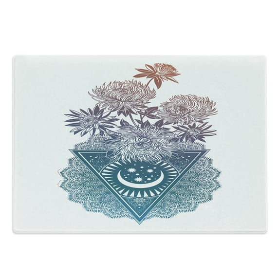 Alchemy Cutting Board, Abstract Art with Blooming Chrysanthemum Flowers with Moon and Stars Lace Motif, Decorative Tempered Glass Cutting and Serving Board, in 3 Sizes, by Ambesonne