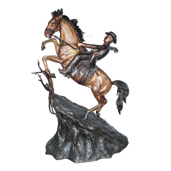 Nifao Life Size Bronze Cowboy on Rearing Horse Western Statue – Garden Outdoor Decor Sculpture, 60"L x 37"W x 81"H