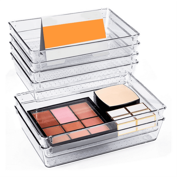 Desk Drawer Organizer Bins 6 PCS, 9X6X2In Clear Organizers with Silicone Pads, Vanity , Non Slip 6Pcs