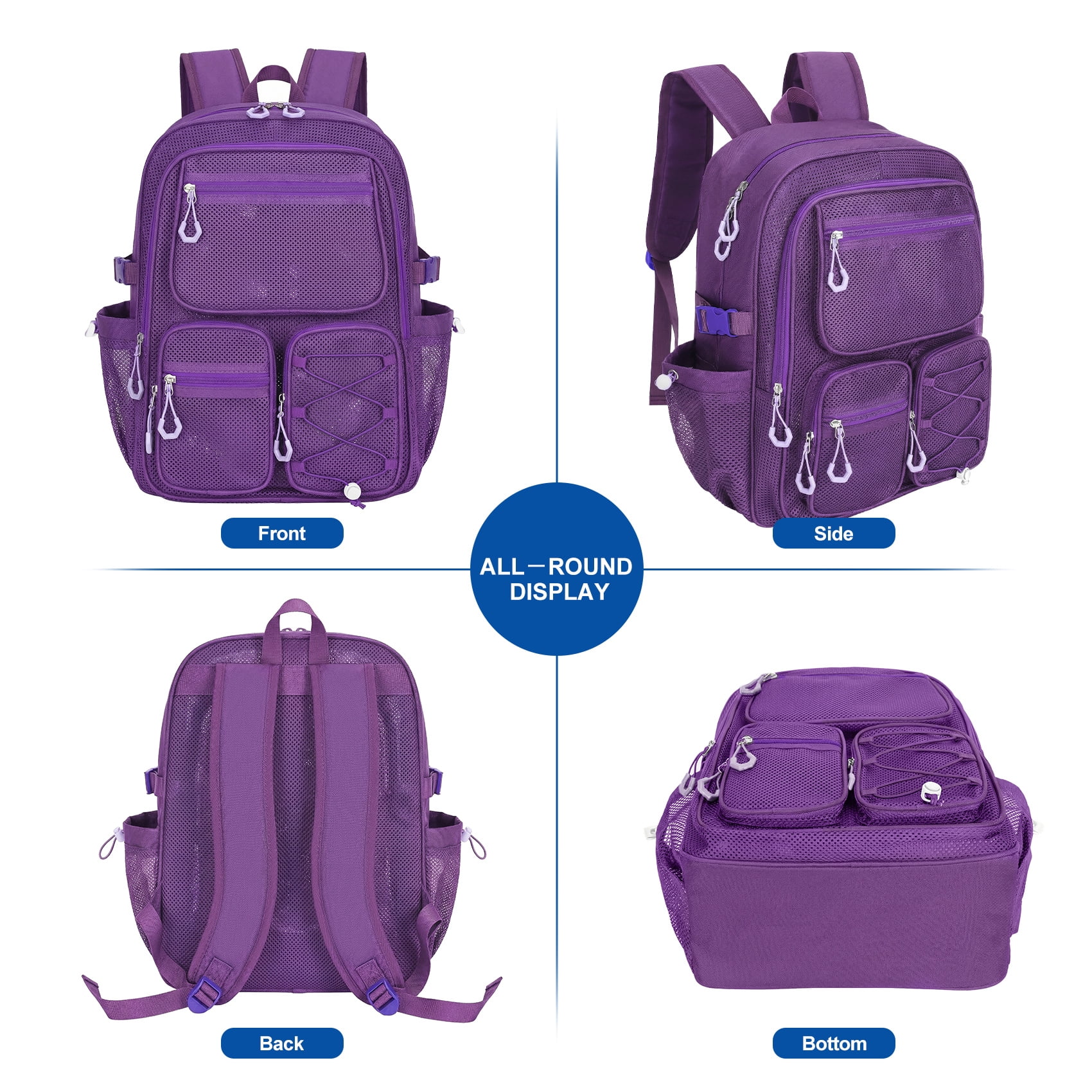 KOITHOT Mesh Backpack Heavy Duty, Stadium Approved Multi-Pocket Beach Backpacks for Adults, See Through Transparent Mesh Bookbag for School & Travel(Purple)
