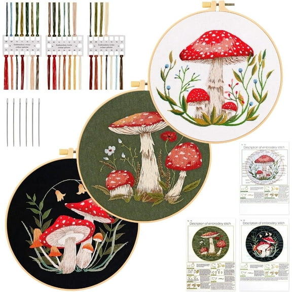 3 Pack Embroidery Kit for Beginners, Sewing Cross Stitch Starter Set Craft Stamped Cloth with Mushroom Pattern Hoops Threads Tools