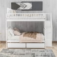 thumbnail image 3 of Full Over Full Bunk Beds, Bunk Bed with 2 Drawers & 3 Steps Storage Stair, Built-in 12" High Full-Length Guardrail, Bunk Bed Full Over Full in Wooden, Full Size Bunk Bed for Boy, Girls & Adults, White, 3 of 9