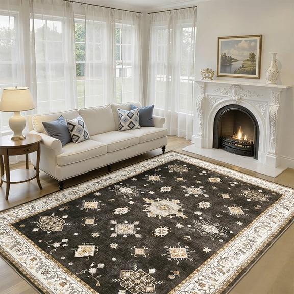 Brown 8x10 Living Room Area Rug,Washable Vintage Carpet Non Slip Indoor Rug, Retro Traditional Accent Throw Low Pile Large Rug for Farmhouse, Office, Bedroom, Dining Room.