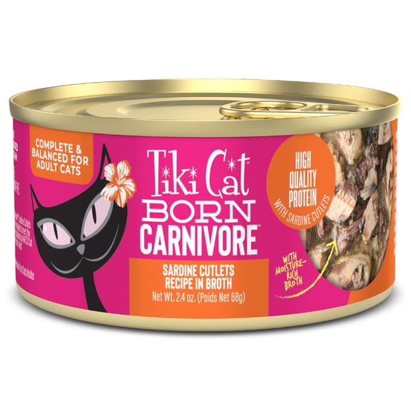 Tiki Cat Born Carnivore Wet Cat Food, Sardine Cutlets Recipe in Broth, 2.4 oz. Can