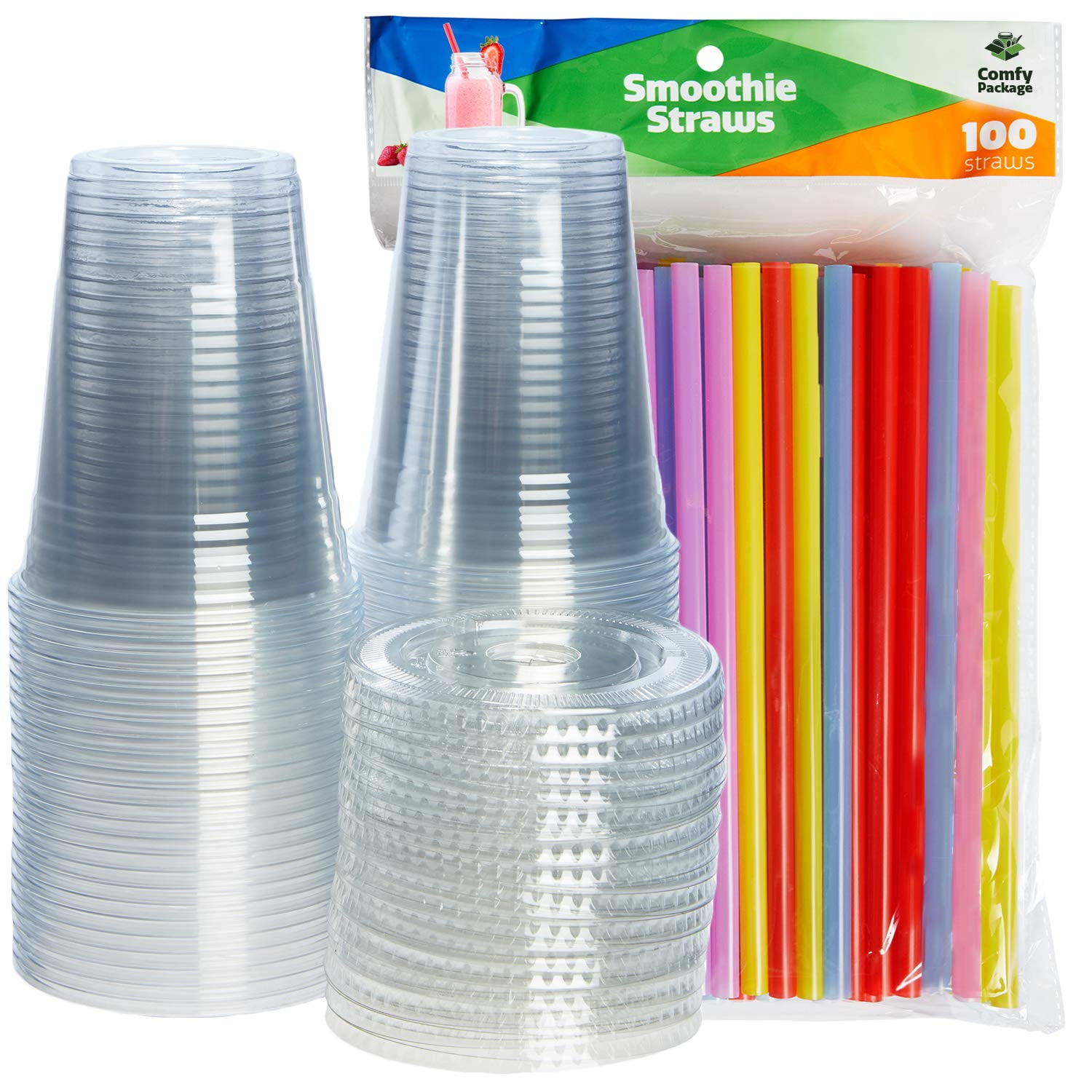 [100 Sets - 16 oz.] Plastic Cups With Flat Lids & Straws = 100 Clear