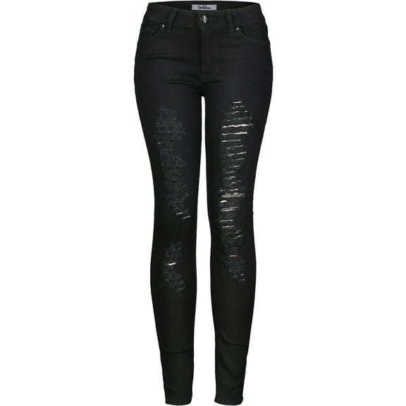 2Luver, Women's, Stretchy 5 Pocket Destroyed Dark Denim Ripped Skinny Jeans?, Black, 9