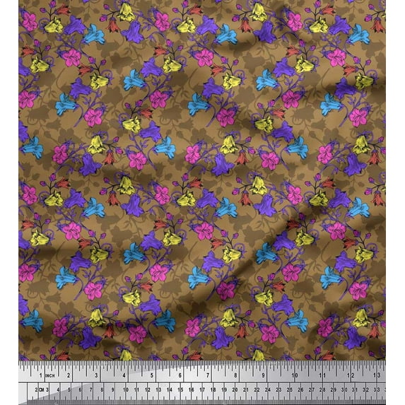 Soimoi Poly Georgette Fabric Leaves & Bell Floral Printed Fabric 1 Yard 42 Inch Wide