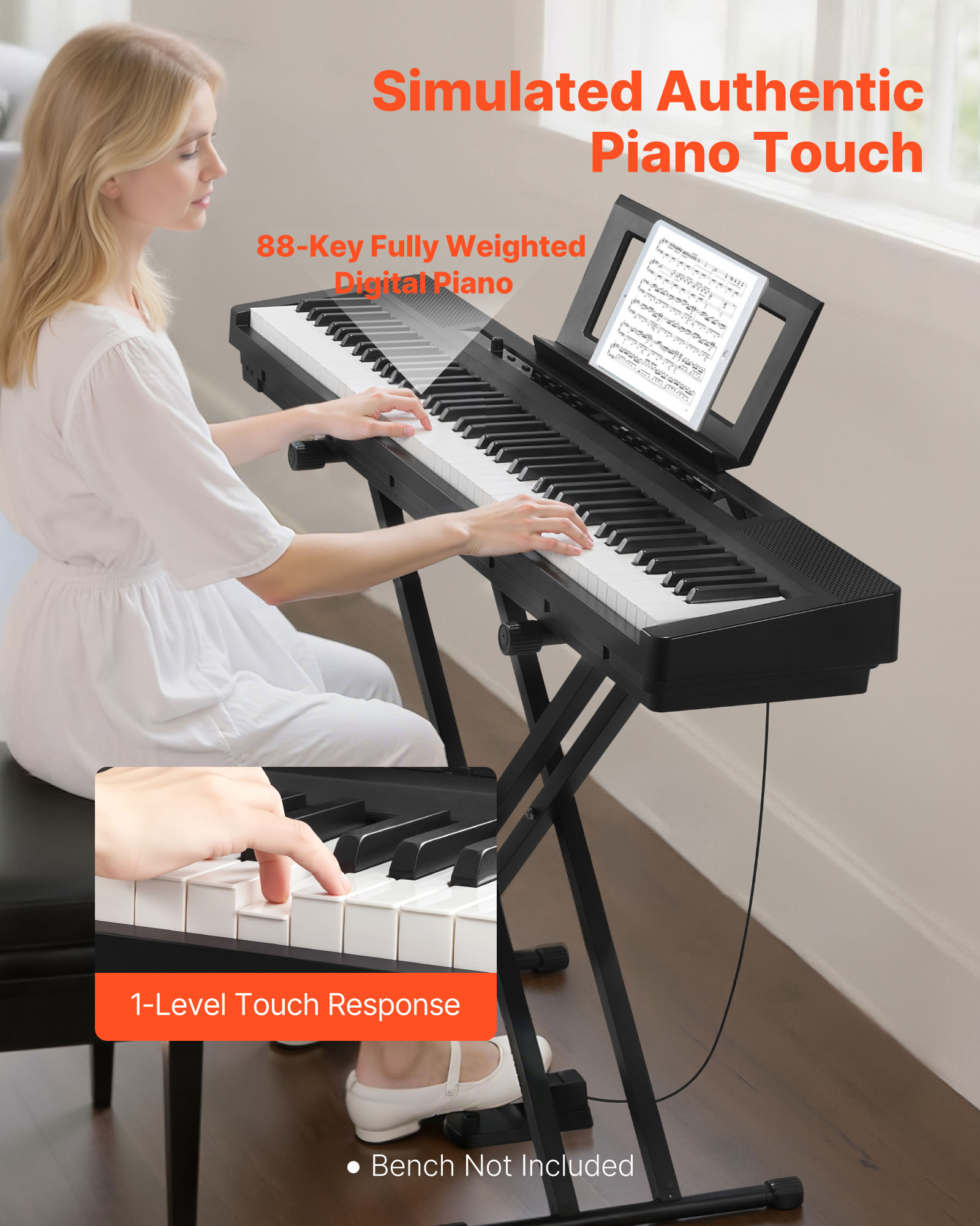 VEVOR Weighted Digital Piano, 88 Keys Fully Weighted, Electric Piano Dual Keyboard & Speakers with X Stand, Sustain Pedal, Recording Function, 280 Tones, Wireless Connection, for Beginners, Black