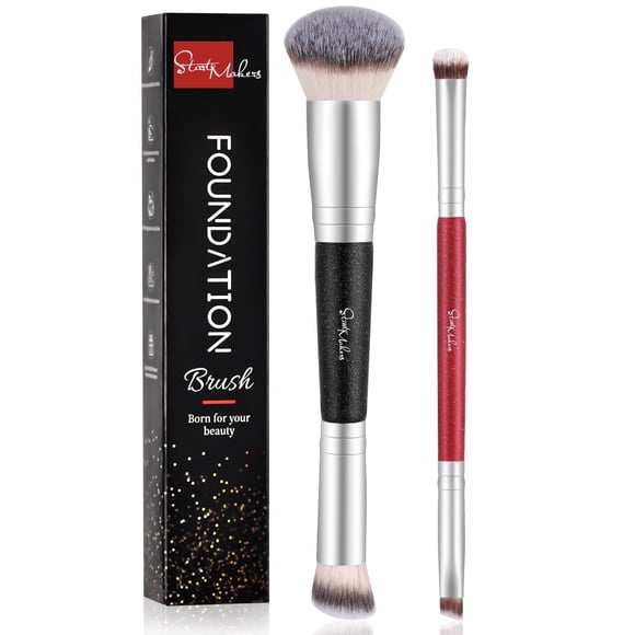 DUAIU Set de 2 Pinceles de Maquillaje Profesional Doble Cabeza - Brochas para Base en Polvo, Rubor y Sombrias - Kit de Brochas Premium para el Rostro
