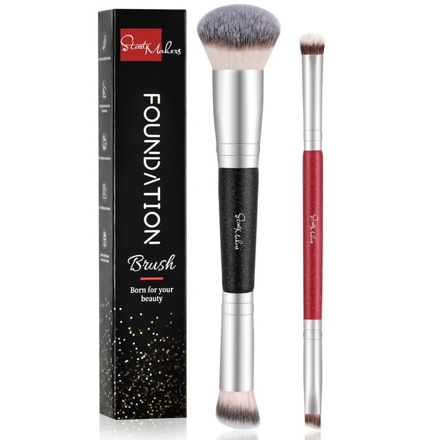 DUAIU Set de 2 Pinceles de Maquillaje Profesional Doble Cabeza - Brochas para Base en Polvo, Rubor y Sombrias - Kit de Brochas Premium para el Rostro