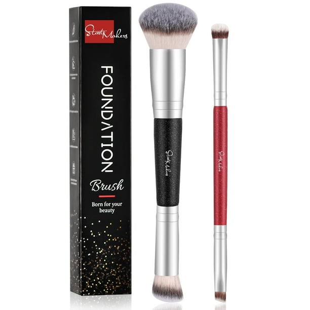 DUAIU Set de 2 Pinceles de Maquillaje Profesional Doble Cabeza - Brochas para Base en Polvo, Rubor y Sombrias - Kit de Brochas Premium para el Rostro