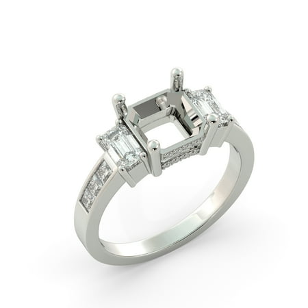 Emerald Semi Mount Ring - Princess Semi Mount 3Stone Round Emerald Diamond Engagement Ring 14k White Gold