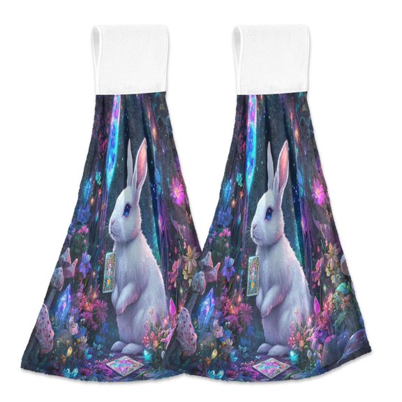 BZSMCE Hanging Hand Towels Fashion Mystical Bunny with Crystal Pattern 2-Pack - Velcro Style Bathroom Kitchen Towels