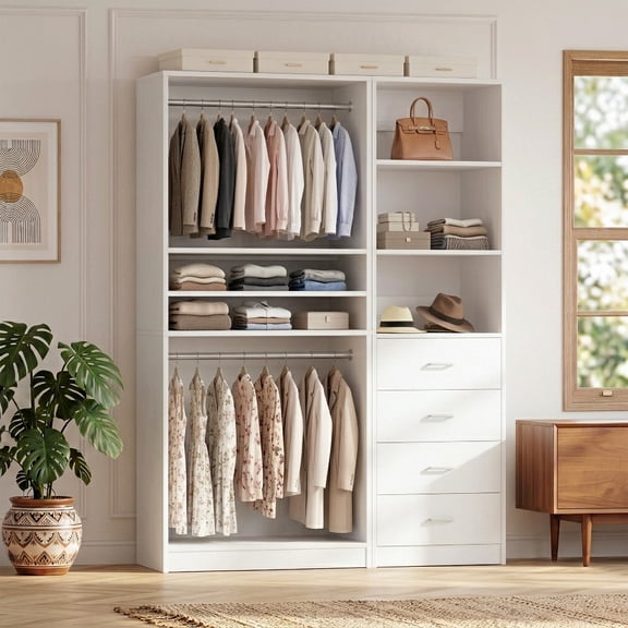 Homieasy 57.3'' W 2-Piece Closet Organizer System with Drawers and Hanging Rods, White