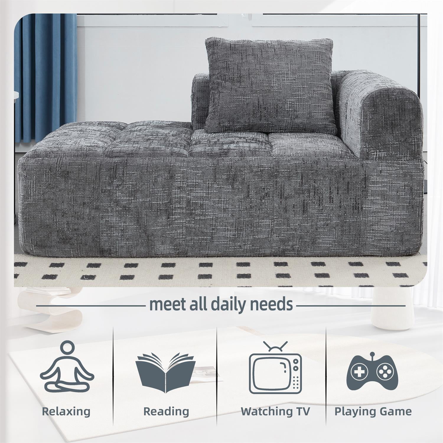 Demi Bonn 62" Plush Chenille Loveseat Sofa, Modular Sleeper for Living Room, Bedroom, Apartment Lounge, Stylish & Comfortable Couch, Gray